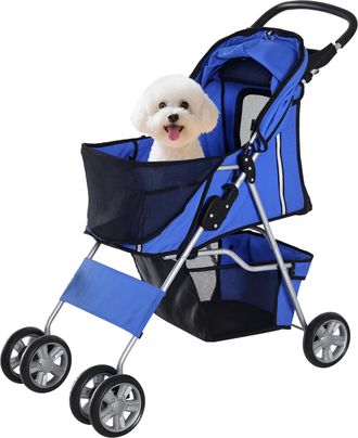 OEM Carrito Para Perros Peque&ntilde;os Con Toldo Ajustable Cesta De Almacenaje Portavasos Y 2 Ruedas Universales 75x45x97 Cm Azul