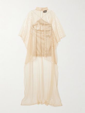 Taller Marmo Caftano Asimmetrico In Tulle E Cady Cr&ecirc;pe A Strati Con Paillettes Denver Disco - Rosa