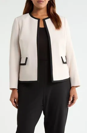 Kasper Framed Open Front Stretch Crepe Jacket in Parchment/black at Nordstrom, Size 18W