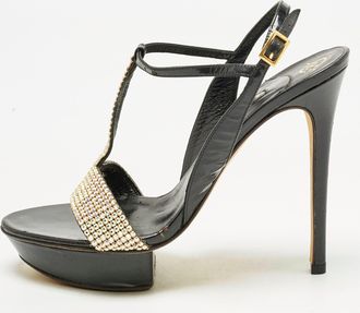 Gina Black Patent Leather Crystal Embellished T-Strap Sandals