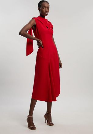 Karen Millen Womens Tailored Crepe Cape Asymmetric Neck Detail Midi Dress - Red - Size 14 UK