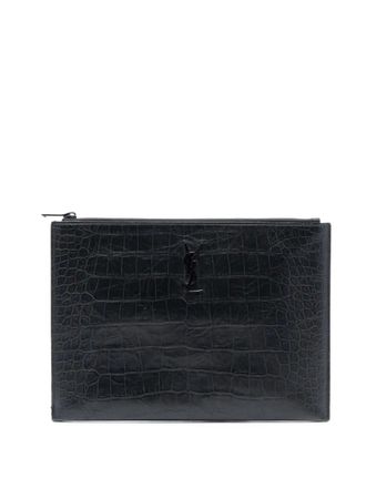 Saint Laurent 2017 Croc Embossed Leather Monogram Document Holder clutch bag - Zwart