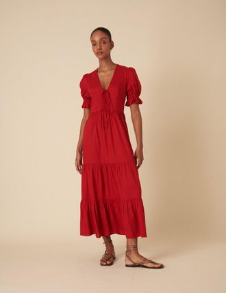 Nobody's Child Red Tie Front Tiered Lia Midi Dress