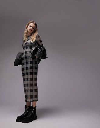 Topshop Vestito midi in rete grigio a quadri sfumati con cuciture a sopraggitto