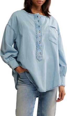 Free People Dreaming Ruffle Oversize Chambray Shirt in So Soft Light Wash at Nordstrom Rack, Size X-Small