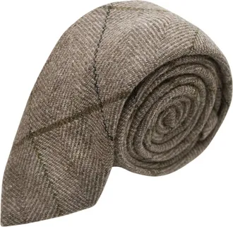 King & Priory Luxury Light Khaki Brown Herringbone Check Tie, Tweed