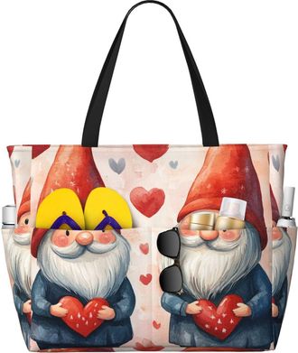 Generic Valentines Gnomes Print Large Beach Bag Foldable Travel Shoulder Tote Bag With Pocket For Weekender Pool Vacation