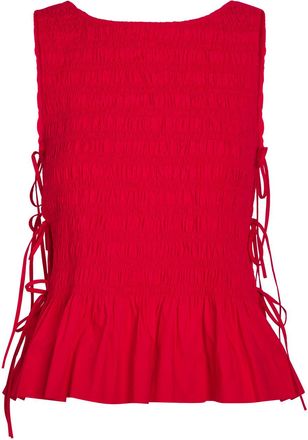 Ganni Smocked Cotton-poplin top - Red - 38 (UK10 / S)