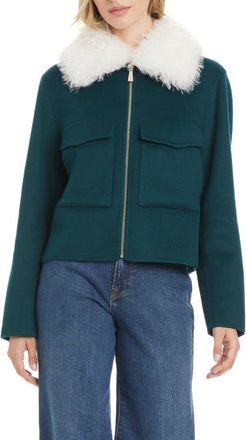 Kate Spade New York Wool Blend Jacket with Removable Faux Shearling Collar in Transformative Teal at Nordstrom, Size X-Large