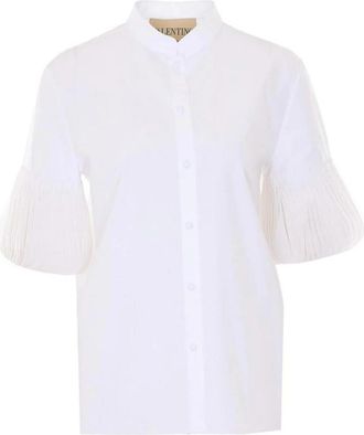Valentino Garavani Pliss&eacute; Mouw Katoen Popeline Shirt - Dames - Overhemden - Wit - M - Katoen - Overhemden