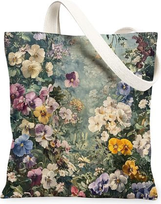 Generic Spring Aesthetic Pansy Canvas Tote Bag for Shopping 13x15, Vintage Flower Garden Reusable Grocery Print Bag for Women, Floral Wildflower Beach Aesthet