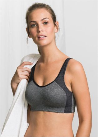 Bonprix Sport-BH BONPRIX Sport BH mit mittlerem Halt, Damen, Gr. 90, Cup E, schwarz (grau, schwarz meliert), Obermaterial: 85% Polyamid, 15% Elasthan, BHs Spo