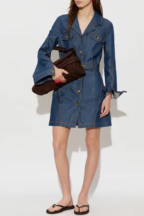 Moschino Denim Dress With Belt, Womens, Navy Blue