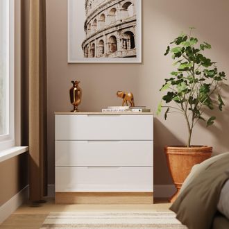 Lewis's Milan 3 Drawer Chest in White Gloss & Bardolino Oak - Ready Assembled - Lewiss Home | TJ Hughes