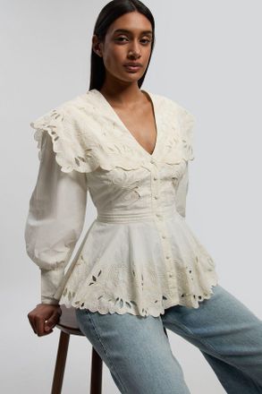 Karen Millen Womens Cutwork Button Collar Detail Woven Blouse - White Cotton - Size 16 UK