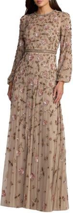 Mac Duggal Sequin Mesh Blouson Long Sleeve A Line Gown in Taupe at Nordstrom, Size 12