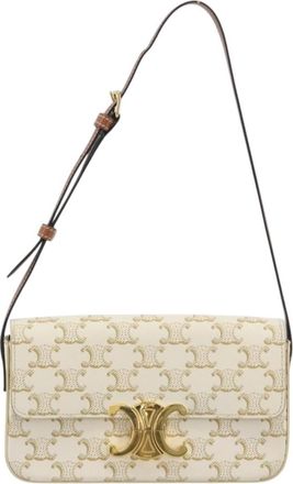 Celine Triomphe Strap Bag Monogram Canvas White Leather Handbag (Pre-Owned)