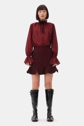 Ganni Red Herringbone Wool Mini Skirt in Winery Size 10 Womens