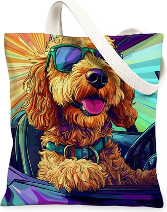 Generic Golden Doodle Dog Canvas Tote Bag for Shopping 13x15, Pop Aesthetic Funky Puppy Reusable Grocery Print Pattern Bag for Women, Cool Pet Beach Aesthetic