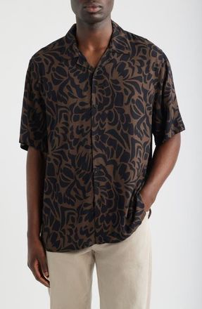 Wax London Didcot Abstract Floral Camp Shirt in Black /Brown at Nordstrom, Size Xx-Large