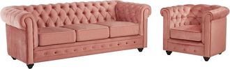 Vente-Unique Sof&aacute; 3 plazas y sill&oacute;n de terciopelo CHESTERFIELD - Rosa polvo