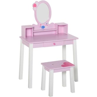HOMCOM Homcom - Tocador Para Ni&ntilde;a Con Taburete Espejo Y Mesa De Maquillaje Infantil 60x34x93 Cm