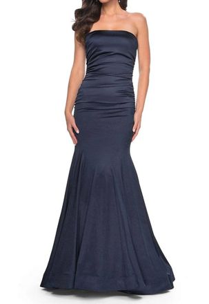 La Femme Strapless Satin Evening Prom Maxi Dress In Navy