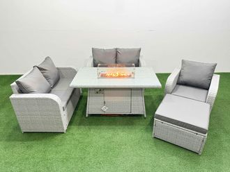 Fimous High Back Poly Rattan Garden Furniture Set w/ Reclining Chair Loveseat Sofa Firepit Dining Table Indoor Outdoor Patio Set Big Stool Light Grey