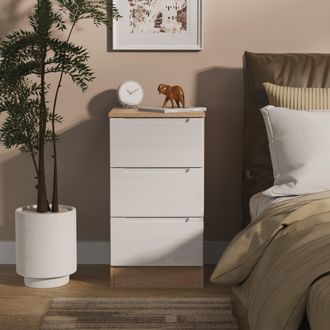 Lewis's Milan 3 Drawer Bedside in White Gloss & Bardolino Oak - Ready Assembled - Lewiss Home | TJ Hughes