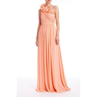 Badgley Mischka Frill Pleated One-Shoulder Gown in Coral at Nordstrom, Size 14