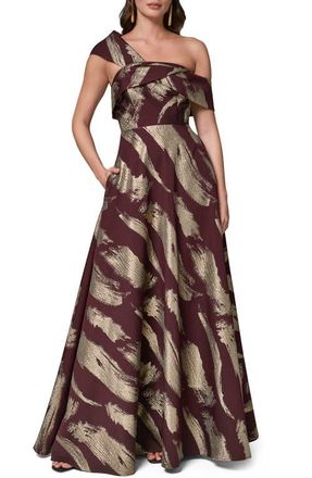 DKNY Metallic Abstract Print One-Shoulder Gown in Prune/Pale at Nordstrom, Size 16
