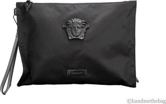 Versace Versace Large Black Nylon Fabric Medusa Convertible Pouch Clutch Wristlet Womens Bag