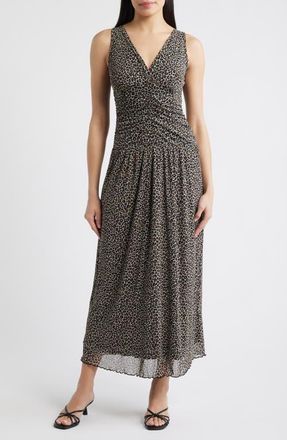 Loveappella Leopard Print Ruched Mesh Maxi Dress in Taupe at Nordstrom, Size X-Small