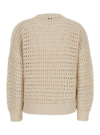 Brunello Cucinelli Womens Crew Neck Sweater White Wool-Cashmere Blend Lamb Wool Tops Top