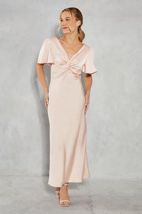 Oasis Womens Satin Twist Front Angel Sleeve Midi Bridesmaids Dress - Blush material_polyester - Size 14 UK