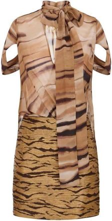 Elisabetta Franchi Bimaterial Mini-jurk met Tijgerprint - Dames - Feestkleedjes - Bruin - L - Polyester - Kleedjes