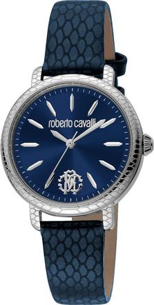 Roberto Cavalli Quartz Leather Strap Watch, 32mm in Blue at Nordstrom Rack