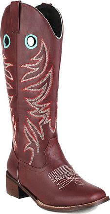 Generic Womens Pull on Western Cowboy Boots Square Toe PU Leather Mid-Calf Boots Low Chunky Heel Long Boot,Brown,6.5 UK