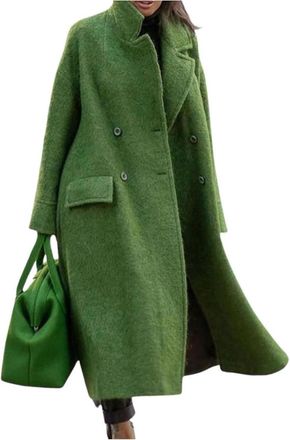 Generic Womens Fall and Winter Double-breasted Elegant Warm Long Wool Blend Coat Fashion Classic Lapel Oversized Business Casual Coat (Green,XXL)