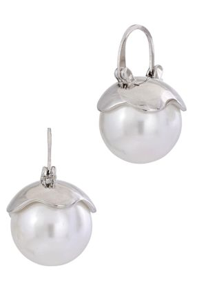 Savvy Cie Jewels RHODIUM PLATED WHITE SHELL PEARL 16mm EARRINGS