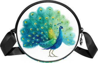 Generic Circle Crossbody Bag for Women, Watercolor Peacock Small Sling Bag Daypack with Zipper Adjustable Shoulder Straps Casual Ladies Girls Round Purse