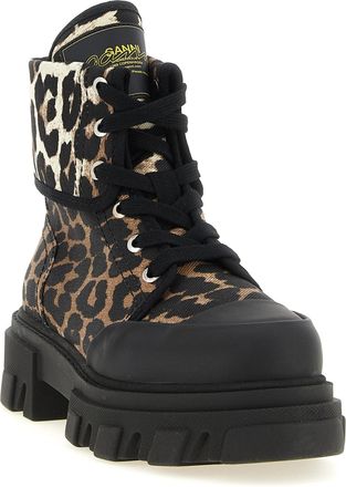 Ganni Leopard Print Cotton Denim Boot - Black