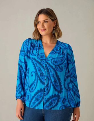 Live Unlimited London Womens Blue Paisley V-Neck Button Blouse - Size: 28