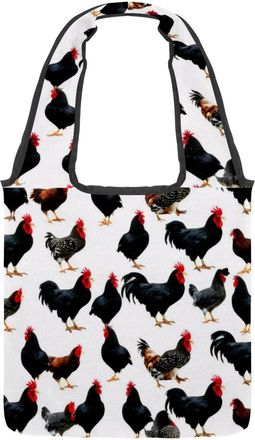 Generic Rooster Pattern Reversible Canvas Shoulder Tote - Double-Sided Print, 12oz Cotton, 27cm Drop, Fold-Flat Bag for Travel, Shopping, Street Outings
