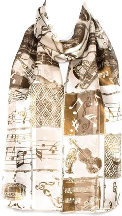 Hat To Socks Musical Instruments and Notes Chiffon Satin Scarf (Beige/Brown)