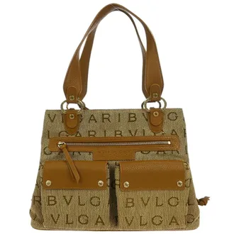 Bulgari Logomania Handbag Canvas Brown Canvas Handbag (Pre-Owned)