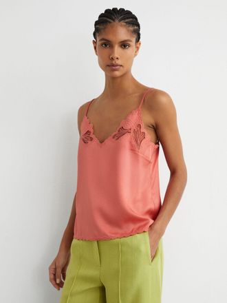 Reiss Coral Pink Satin Lace-detail Cami Top, 10