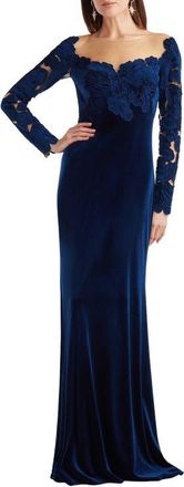 Tadashi Shoji Appliqu&eacute; Illusion Stretch Velvet Mermaid Gown in Navy at Nordstrom, Size 12