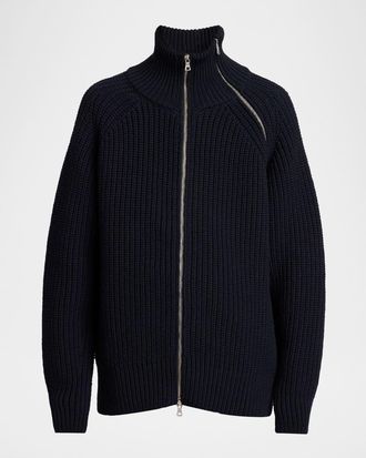 Dries Van Noten Mens Monty Wool Rib Assymetric-Zip Turtleneck Sweater