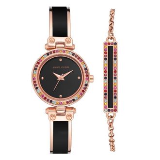 Anne Klein Quartz Crystal Black Dial Ladies Watch and Bracelet Set AK/3974BKST